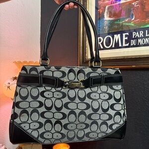 Black and White/Grey Canvas Shoulder Bag with Gold Hardware